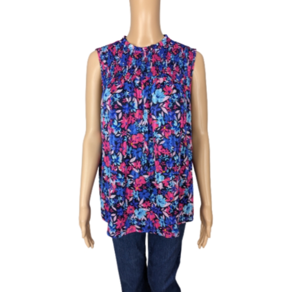 Cupcakes and Cashmere Floral Print Ruffle Neckline Sleeveless Top L